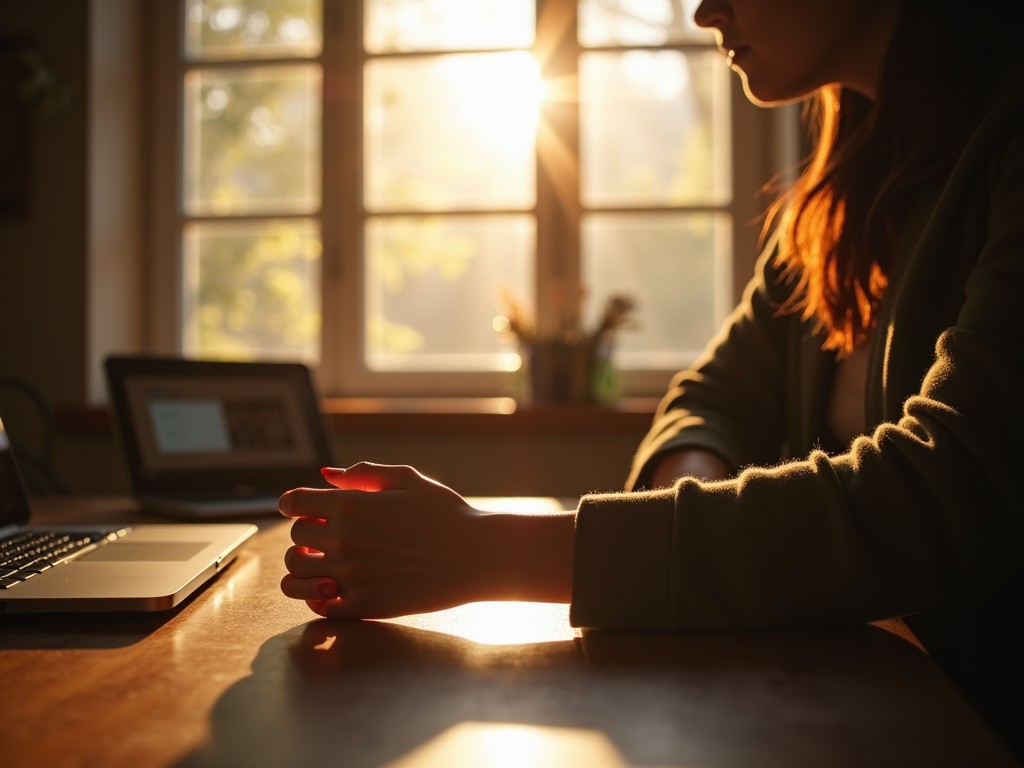 The image captures a person sitting by a window, with warm sunlight streaming through. The individual is in silhouette, suggesting contemplation or introspection. A laptop is open on the table, hinting at a workspace or study environment, while the soft, golden light adds a sense of serenity and calm to the scene.