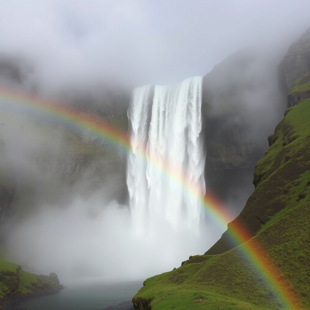 A majestic waterfall cascades down a steep cliff, engulfed in mist and framed by a vibrant rainbow, with lush green hills on either side.