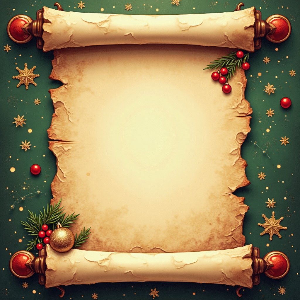 This image features a decorative Christmas scroll resting on a festive green background. The scroll is aged and curled at the edges, giving it a vintage look. Surrounding the scroll are holiday elements like red baubles and golden stars. Small evergreen branches with red berries add a touch of nature. The scroll is left blank, perfect for writing names or messages for the holiday season. This festive design evokes a cheerful Christmas spirit.