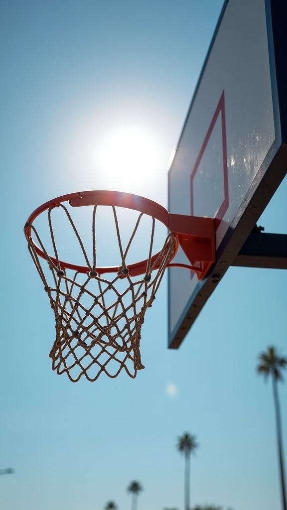 A basketball hoop silhouetted against the bright sunlight with palm trees in the background.