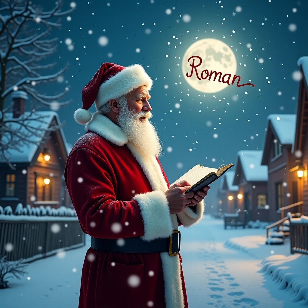 It’s a perfect winter evening with snow falling gently around. Santa Claus, dressed in his iconic red and white suit, stands in a snowy village. He is focused on writing something special in his notebook. The scene is illuminated by soft moonlight, creating a magical atmosphere. In the sky, he imagines writing 'Roman,' adding a personal touch to the tranquil night, as twinkling snowflakes fall around him.