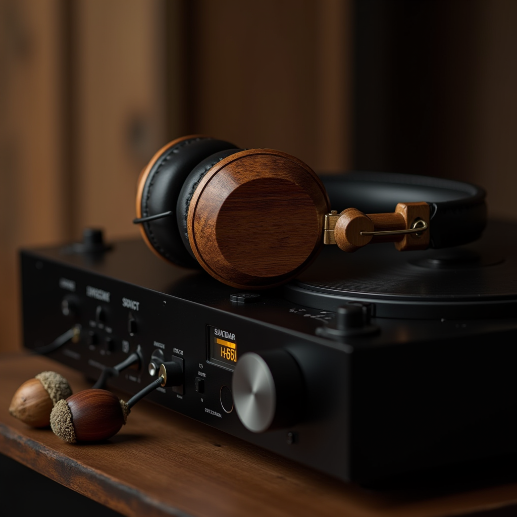 Wooden headphones rest on a stylish black turntable with oak acorns nearby, creating a cozy vintage vibe.