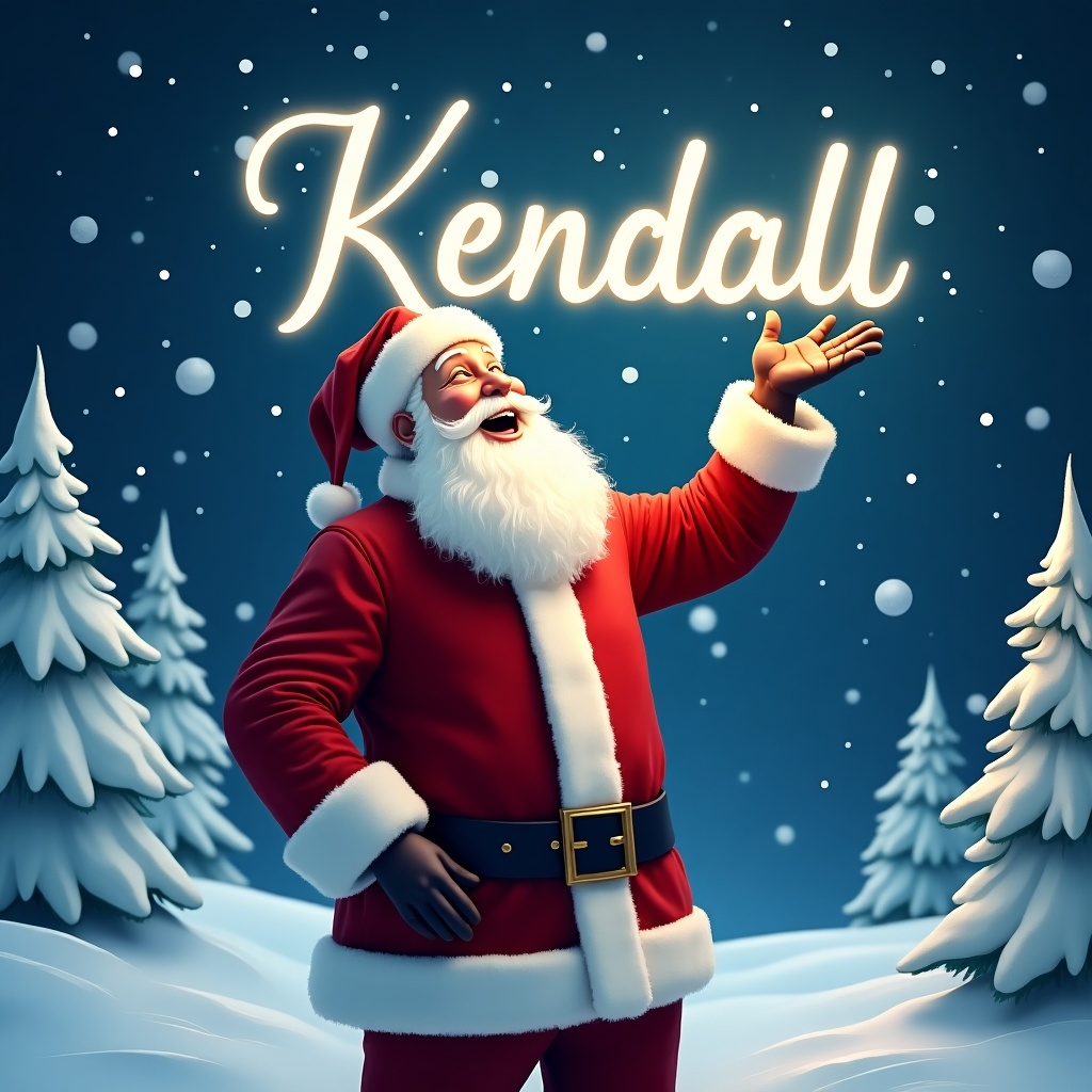 The image depicts a joyful Santa Claus standing in a winter wonderland. He is dressed in his traditional red suit with white trim and a matching hat. Santa is pointing upward as if he is magically writing a name in the sky. Snowflakes gently fall around him, adding to the festive atmosphere. In the sky, the name 'Kendall' is written in bright, glowing letters. The background features snowy trees, enhancing the Christmas scene.