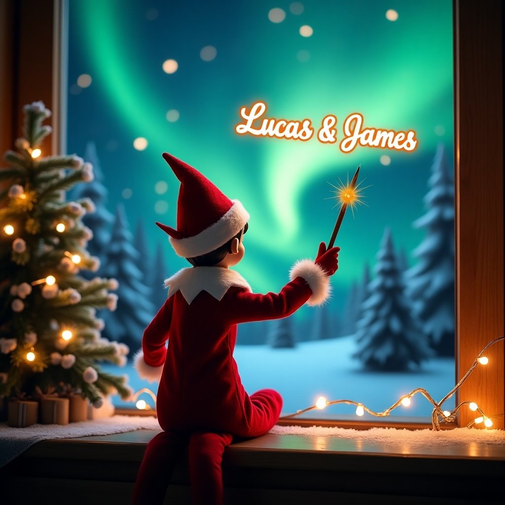 An enchanting Christmas scene is depicted with an elf on the shelf facing the vibrant sky. The elf, adorned in a classic red and white outfit, wields a sparkling magic wand. Above him, the names 'Lucas & James' glow in festive script. The backdrop features breathtaking northern lights illuminating the snowy landscape. The warm lighting adds to the magical ambiance, celebrating the spirit of Christmas and evoking feelings of wonder.