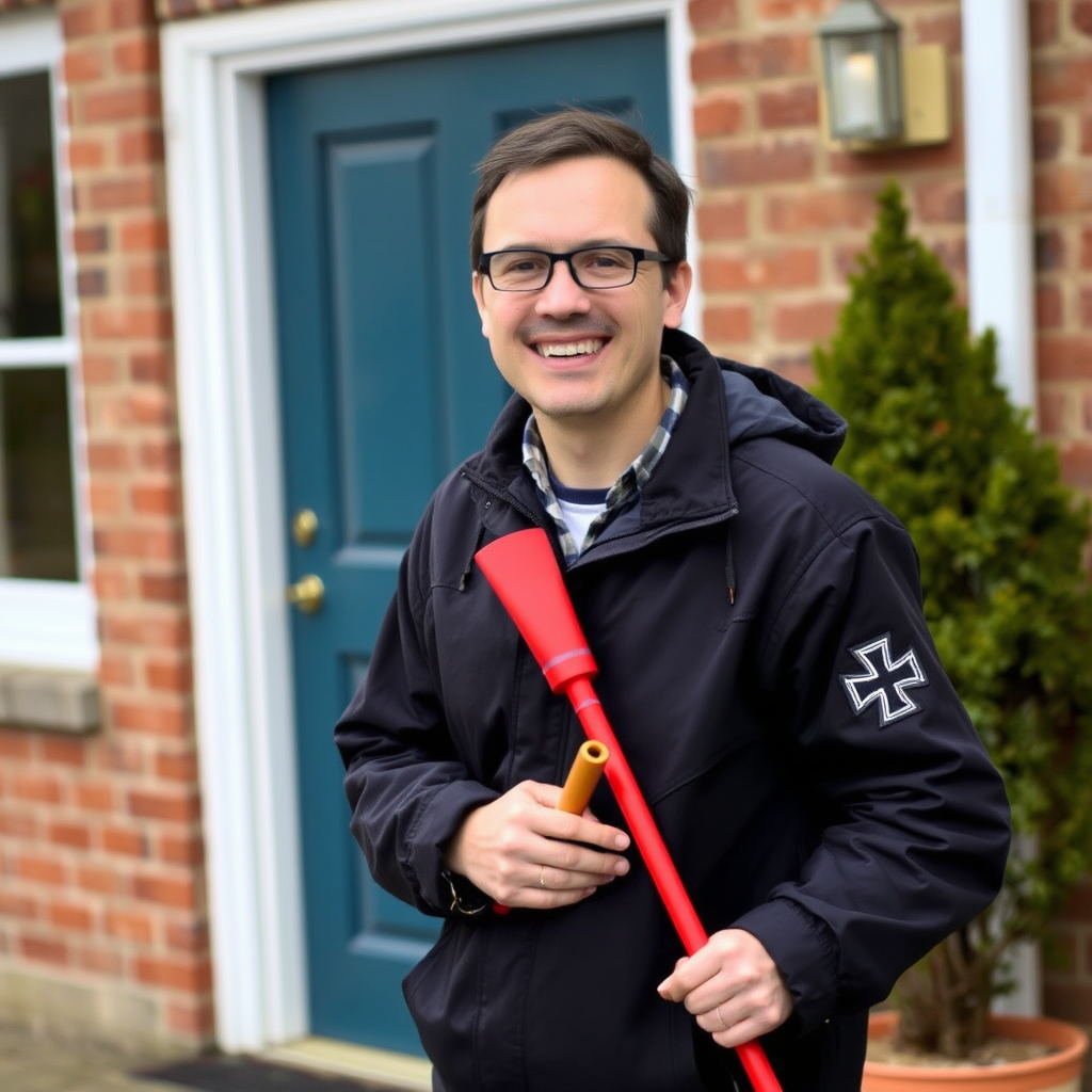 A smiling person holding a gardening tool stands in front of a brick house with a teal door and a small tree nearby.