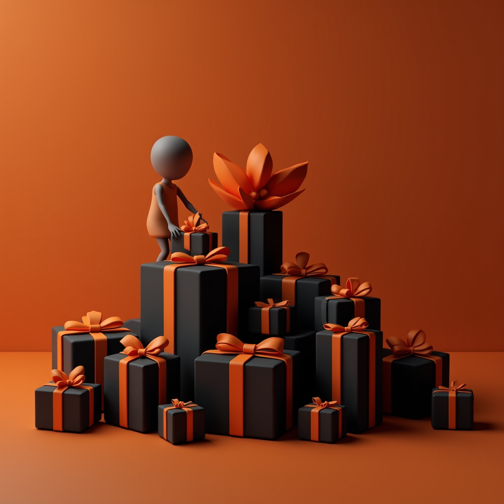 The image features a stylized 3D scene with a minimalist character interacting with a stack of neatly wrapped presents. The gifts are primarily black with vivid orange ribbons and bows, creating a striking contrast against the monochrome design. The background is a warm orange, complementing the color scheme of the gifts. The largest present at the top is adorned with an elaborate, orange bow that resembles a decorative flower. The scene conveys a sense of celebration and festivity, possibly related to an occasion like Halloween due to the color choices.