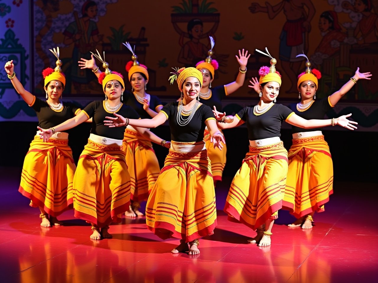 A group of dancers performing a traditional Indian folk dance in vibrant yellow and black attire with traditional accessories, on a well-lit stage, showcasing cultural heritage and lively expressions.