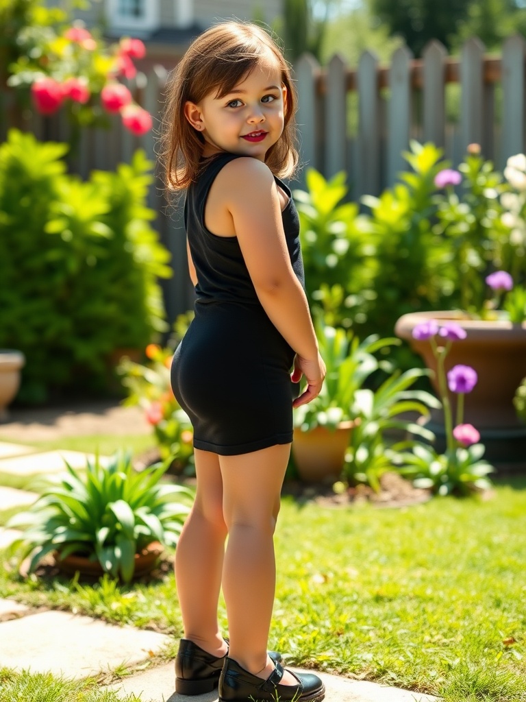 A young child in a garden, wearing a black dress and looking over her shoulder with a playful expression.