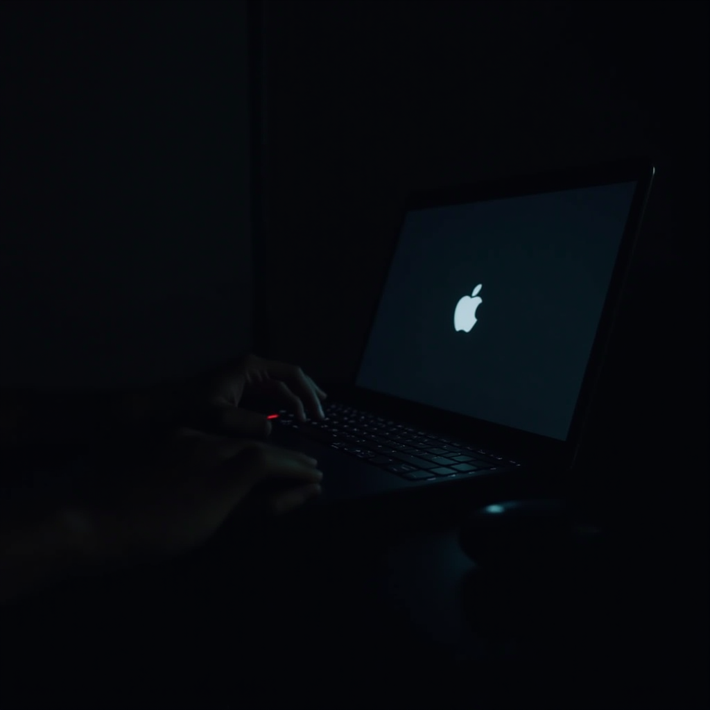 A person is using a laptop with a glowing Apple logo in a dark room.