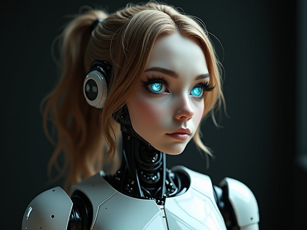 The image depicts a female humanoid robot with a lifelike appearance. Her synthetic skin is smooth and has human-like features, including expressive blue eyes. The robot is set against a dark background, contrasting with the lighter colors of her body. Her hair is styled in a casual ponytail, adding to her human-like qualities. This artwork blends elements of robotics and beauty, presenting a vision of the future where technology and humanity merge harmoniously.