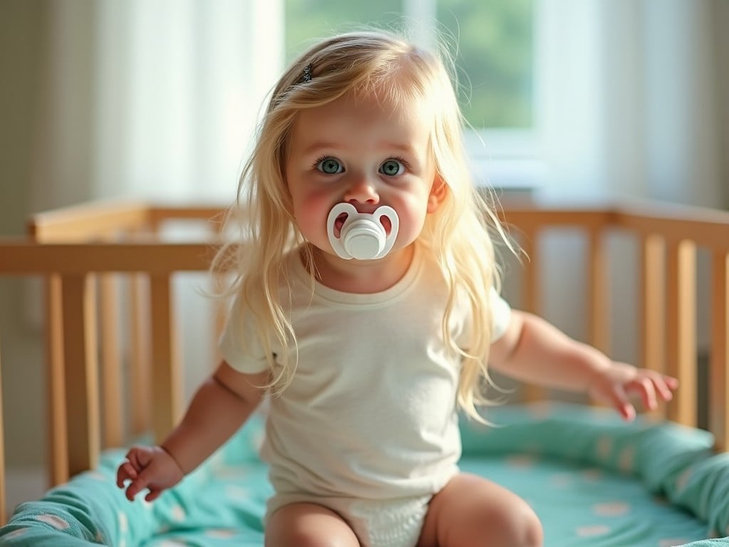 A cute baby with blonde hair sitting in a crib holding a pacifier in its mouth, captured in soft, natural lighting with a cozy and warm ambiance.