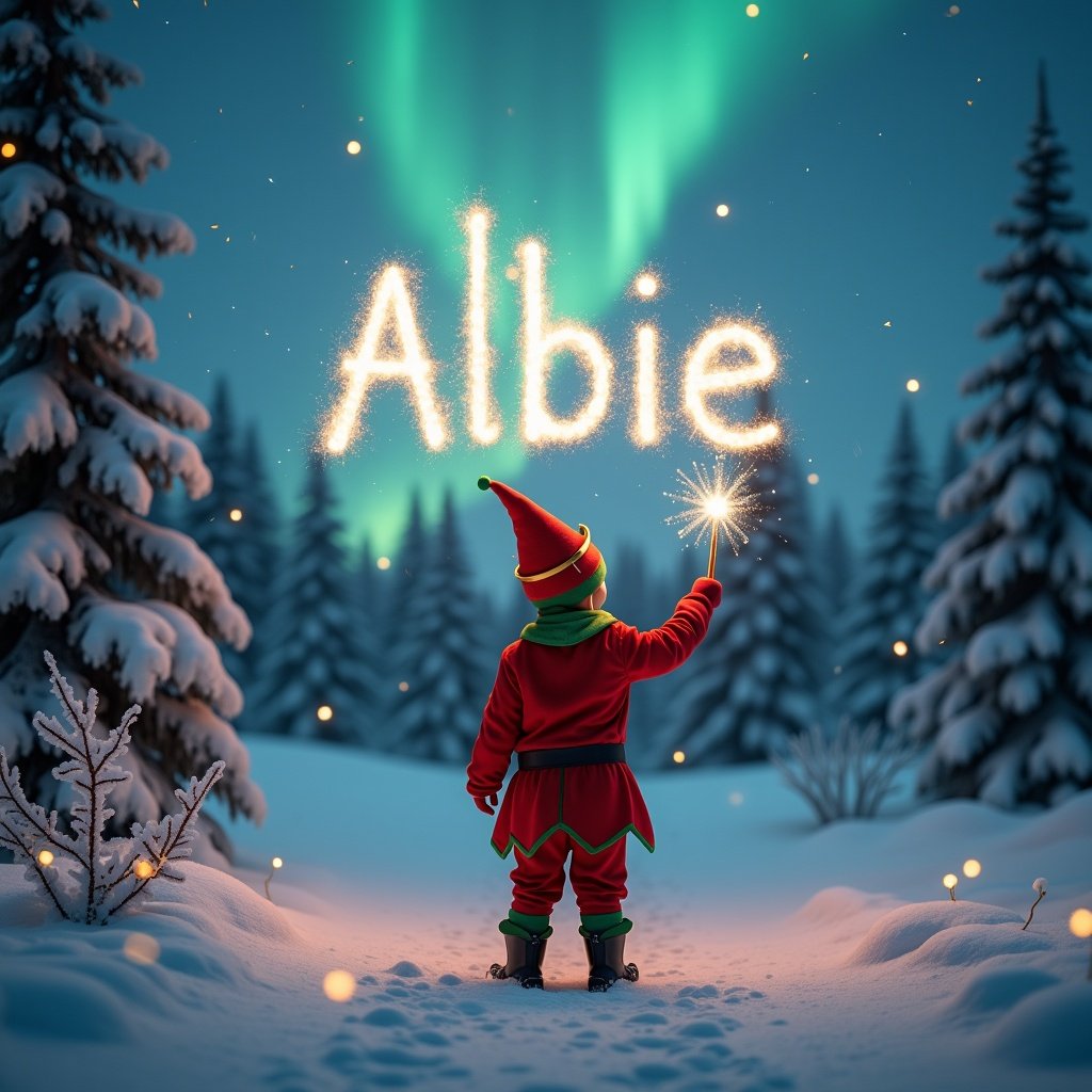 In a snowy landscape, a child in an elf costume stands with their back to the viewer. They hold a wand, spelling out the name 'Albie' in sparkling letters. The northern lights shimmer above, casting beautiful colors in the sky. The scene is filled with gentle twinkling lights, enhancing the magical vibe. Trees covered in snow create a picturesque winter wonderland. This imagery captures the joyful essence of the holiday season wonderfully.