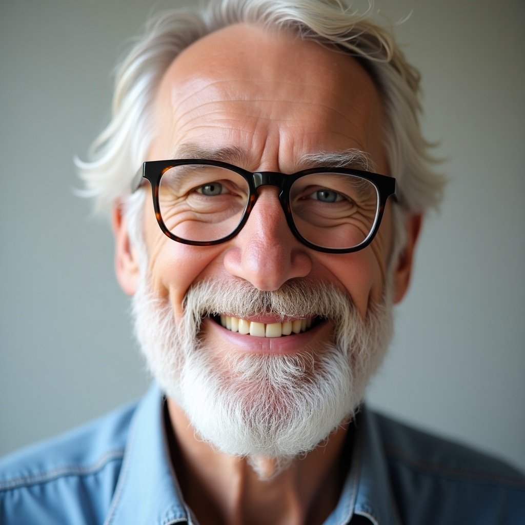 This image features a close-up portrait of a joyful elderly man. He has a bright smile and a well-groomed white beard. The man is wearing glasses, enhancing his cheerful expression. The background is neutral, allowing the focus to remain on his face. The lighting is soft, highlighting the warmth of his smile and the details of his features.