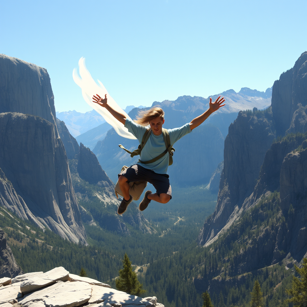 A person jumps joyfully on top of a mountain cliff with a scenic valley below.