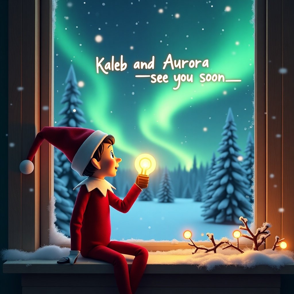 A cheerful elf sits by a window during winter, gazing out at the stunning northern lights. The elf holds a bright light bulb with excitement, symbolizing the warmth of the season. Handwritten text in the sky reads 'Kaleb and Aurora - see you soon,' adding a personal touch. Holiday decorations and snow adorn the window ledge, contributing to the festive vibe. The view outside features beautiful, snow-covered trees, enhancing the magical atmosphere. This scene captures the joy and anticipation associated with Christmas.