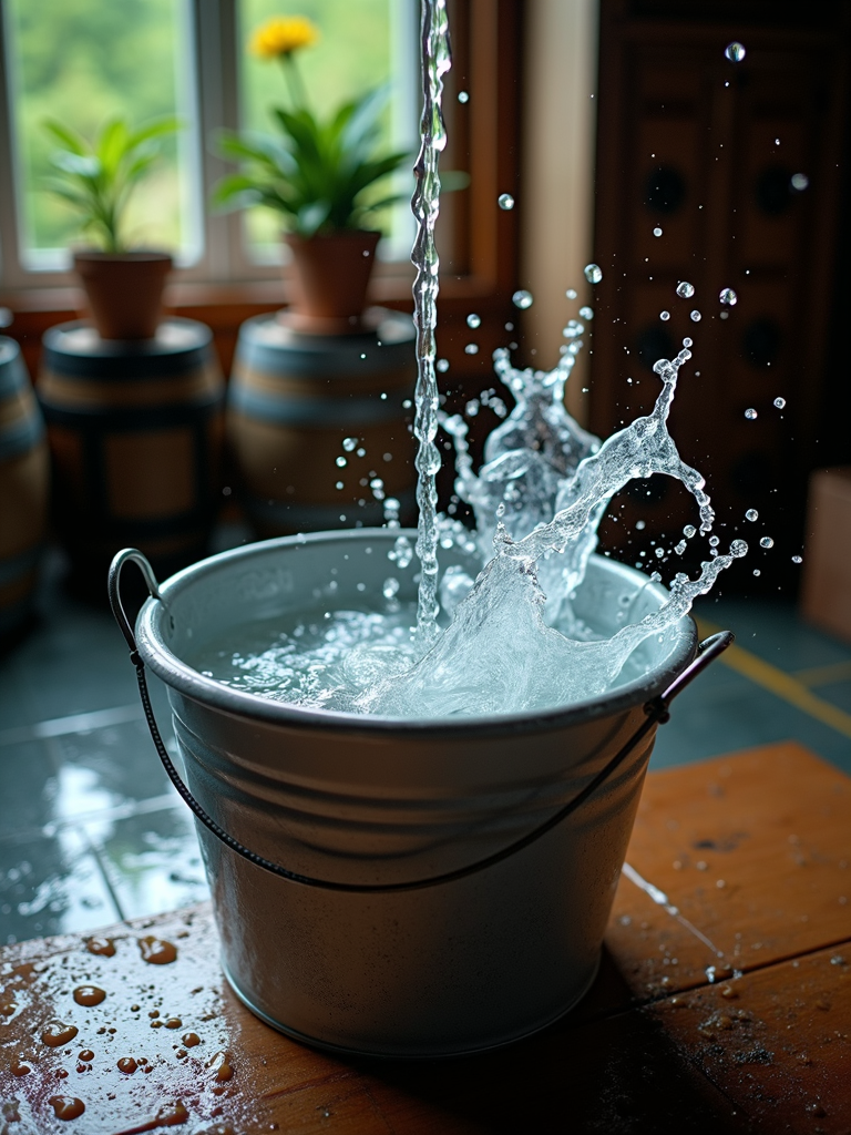 A metal bucket is placed on a wooden surface, being filled with splashing water, in a room with potted plants and large windows.