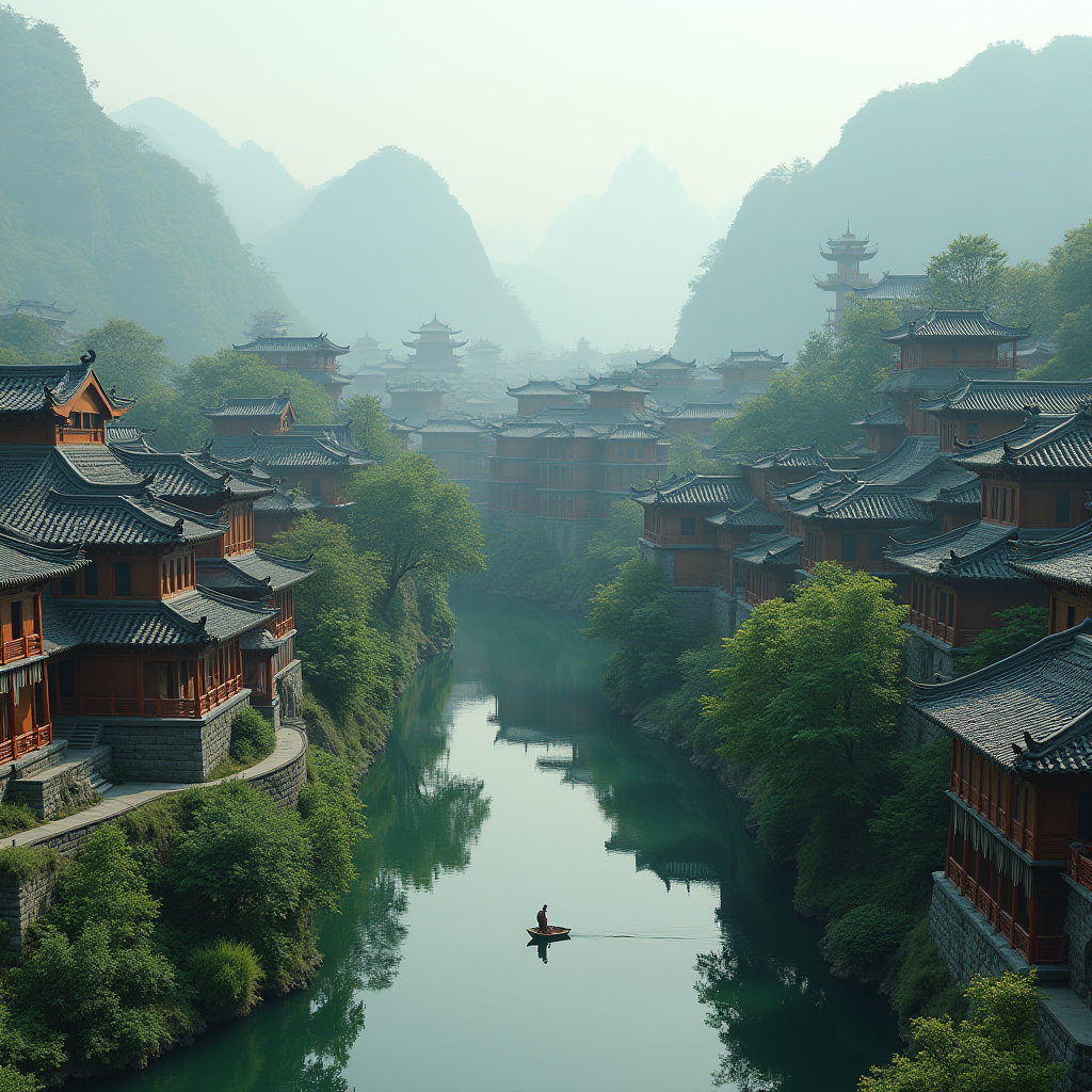 A serene village with traditional architecture along a calm river, surrounded by lush mountains.