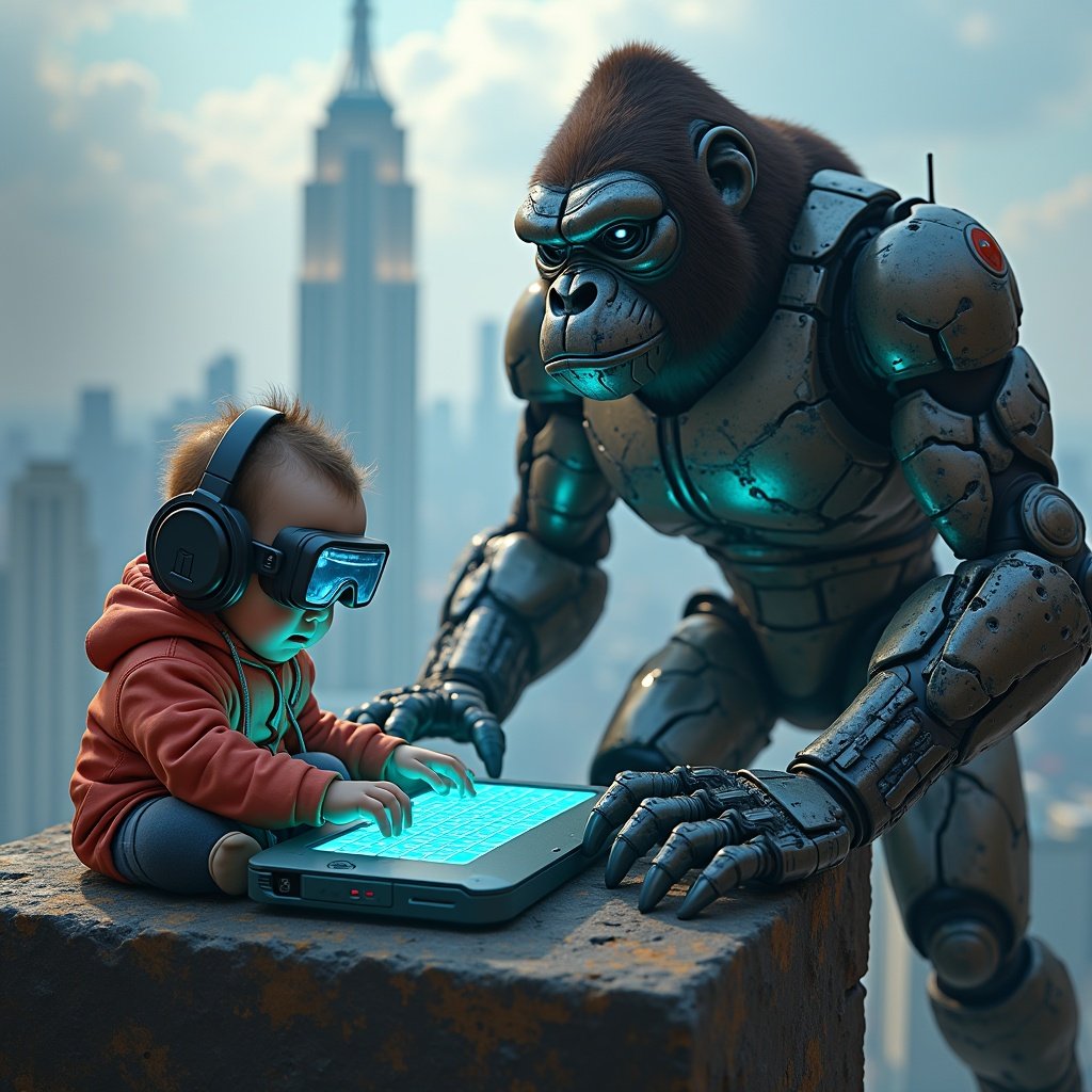 A scene of a mischievous baby hacker wearing a headset and cyber goggles, typing on a holographic keyboard with intense focus. Beside the baby stands a giant gorilla robot, showcasing a mixture of steel plating and glowing circuitry that hints at its advanced technology. They are working together to fend off an attack from an incoming swarm of hostile drones. The backdrop features a crumbling skyscraper, enhancing the tension of their precarious situation. The atmosphere is charged with excitement as they battle high above the city.