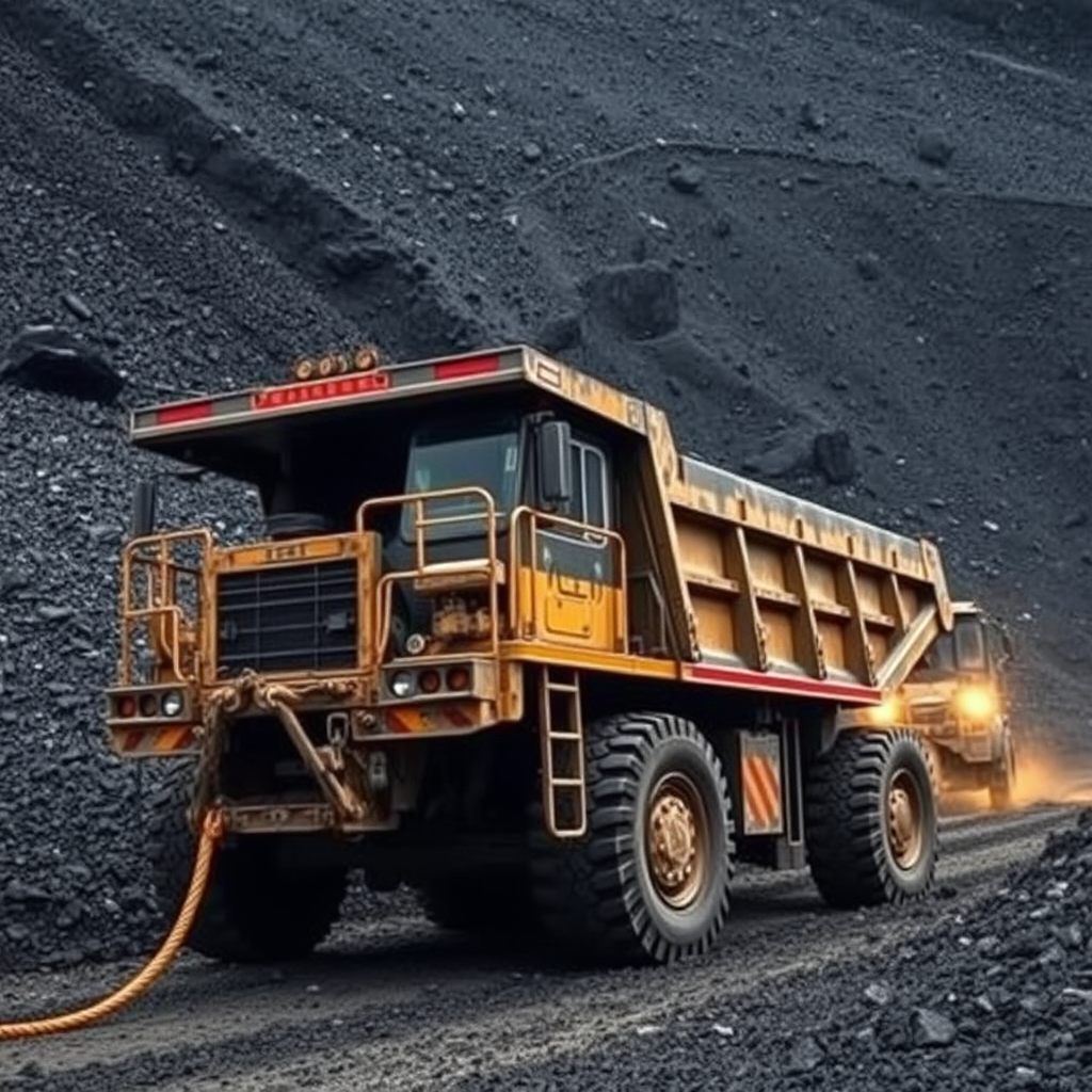 A large, yellow mining dump truck driving on a coal-covered road in a quarry, with another vehicle following behind.