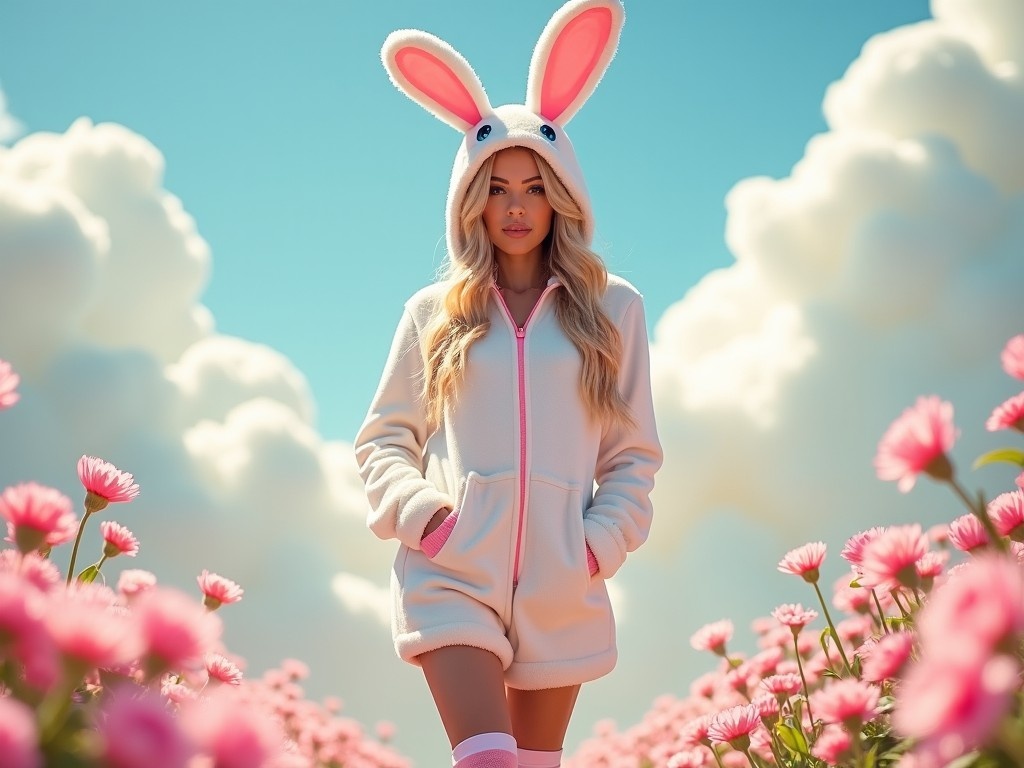 A woman is standing confidently in a picturesque field filled with pink flowers. She is wearing an adorable bunny suit complete with long, floppy ears. The suit is fluffy and white, with a playful design that adds charm. Her blue eyes and blonde hair contrast beautifully with the pastel colors around her. She is also wearing knee-high socks that complement her outfit. The background is filled with fluffy white clouds against a bright blue sky, enhancing the whimsical feel of the scene.