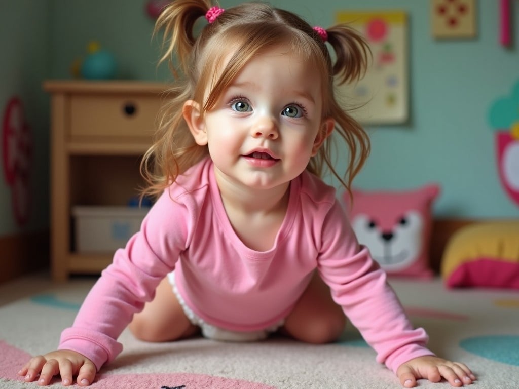 A four year old girl is crawling on a soft, colorful playmat in her cozy bedroom. She has beautiful emerald green eyes that light up with curiosity and joy. The girl is wearing a long sleeve pink t-shirt and a diaper, showcasing her playful spirit. Her hair is styled in two playful pigtails, adding to her adorable look. The background features a cheerful and colorful decor, perfect for a child's room.