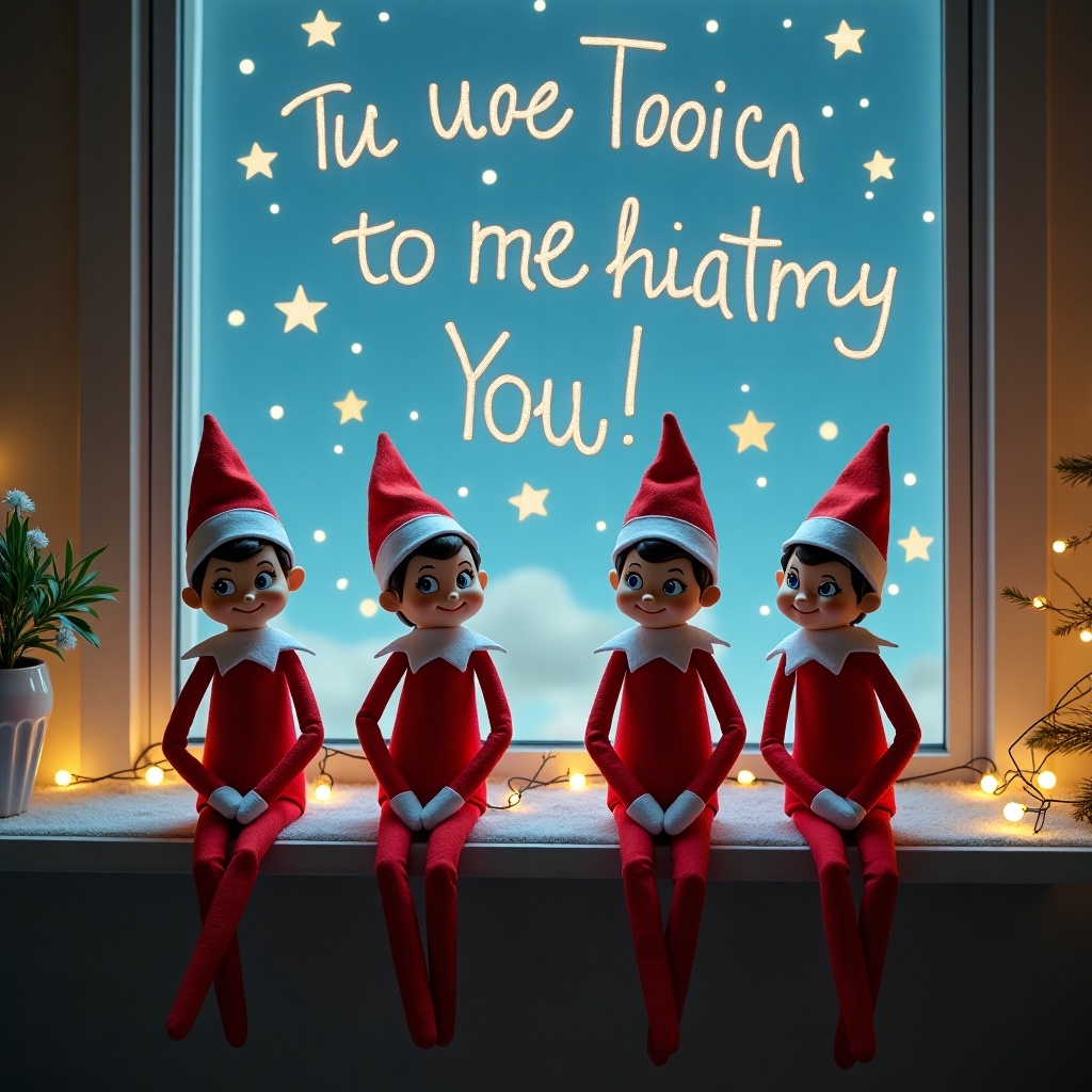 The image features four cheerful elves sitting on a window ledge, each dressed in festive red outfits and pointy hats. Behind them, a glowing blue backdrop showcases playful text. The text reads 'Tu uoe Toolin to me hiatmry You!' in an inviting font, adding a whimsical touch to the scene. The elves' expressions radiate joy and excitement, embodying the holiday spirit. Decorative string lights enhance the festive atmosphere, making it perfect for capturing holiday cheer.