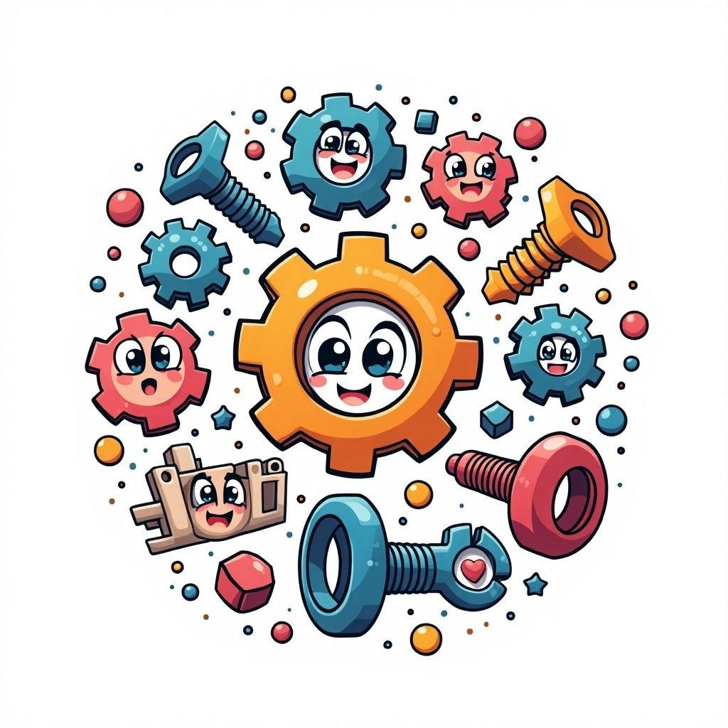 This image features a whimsical arrangement of cartoon-style nuts, bolts, and gears. The central gear is large and colored orange, with a smiling face that adds a joyful character. Surrounding the main gear are smaller gears, nuts, and bolts, all with cute expressions. The colors are vibrant and playful, incorporating red, blue, and green elements. The overall design is bright and eye-catching, perfect for appealing to children or for educational purposes.