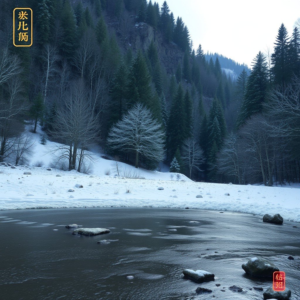 A serene snow-covered forest surrounds a partially frozen river.