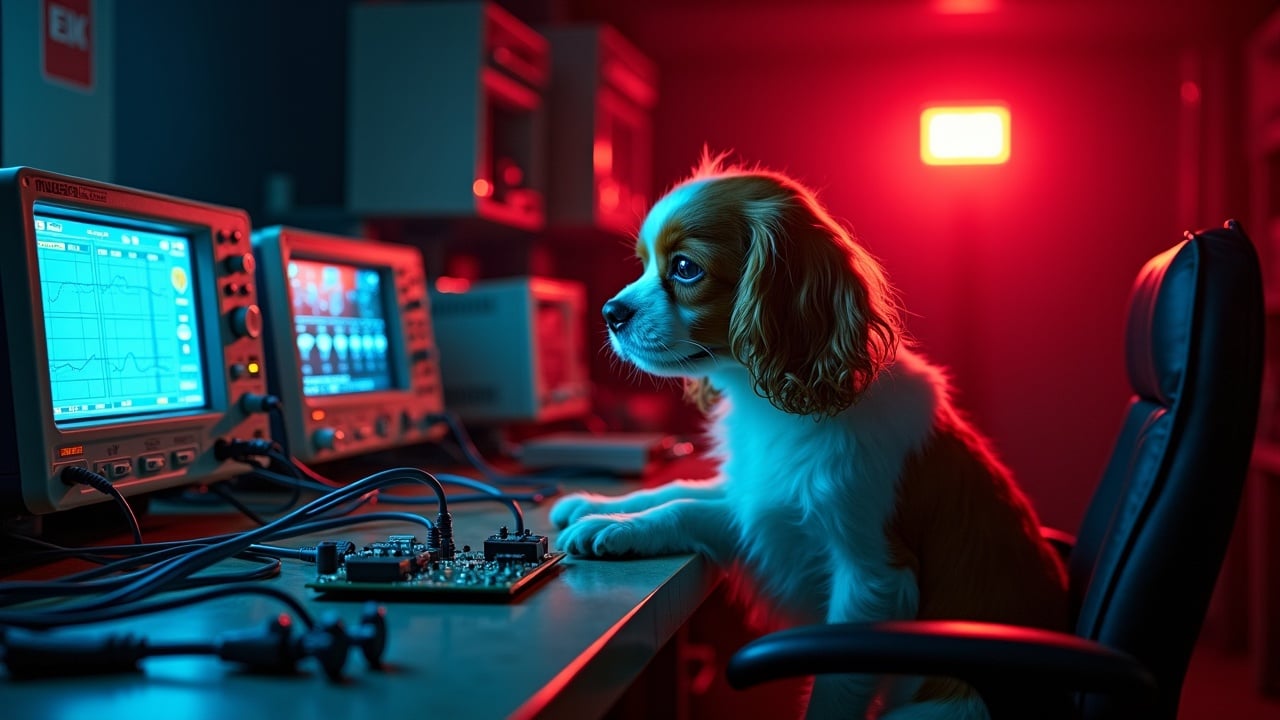 In a dark and eerie lab, a fluffy Cavalier King Charles Spaniel is sitting in a chair, engaging with a circuit board in front of it. The dog is surrounded by various wires and circuit boards laid out on a bench. Next to the dog, there are oscilloscopes and multimeters displaying signals. The scene captures the unusual interaction between the pet and an electronics setup. A bright red emergency alarm lights up the background, adding to the eerie industrial atmosphere, while highlighting the dog's expressive face. This image perfectly blends the themes of technology, industry, and pet companionship.