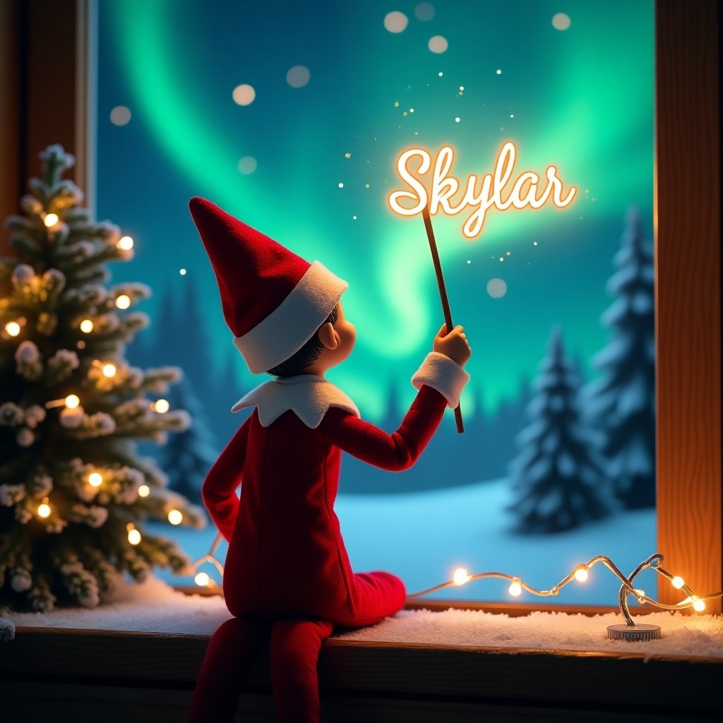 An enchanting Christmas scene unfolds with an elf on the shelf, dressed in vibrant red and white. The elf sits with its back towards the viewer, holding a sparkling magic wand. Above the elf, the name 'Skylar' shines in glowing script. The window features a stunning view of the northern lights, radiating an array of colors. Soft fairy lights drape across the snow-covered ledge, enhancing the festive atmosphere. This idyllic setup encapsulates the whimsical essence of the holiday season, stirring emotions of wonder and excitement.