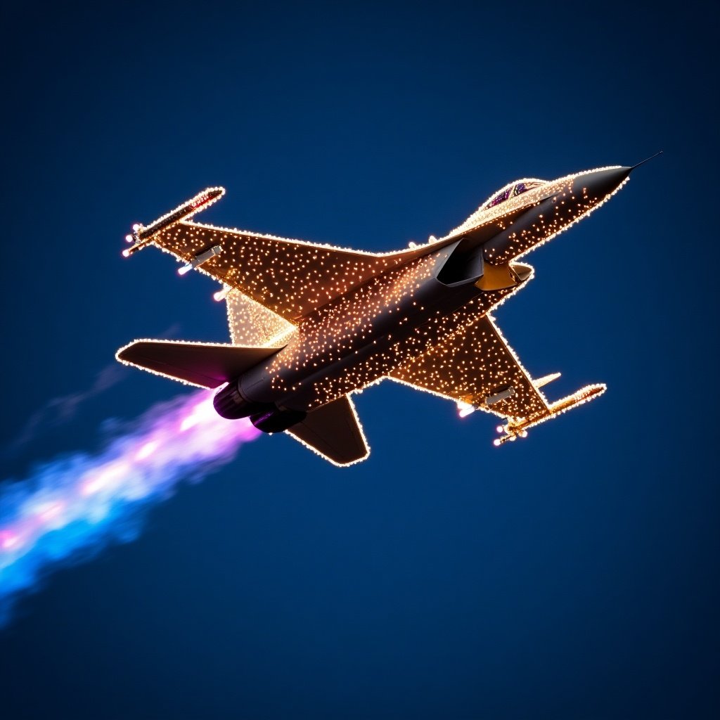 The image features an F16 fighter jet adorned with vibrant Christmas lights, soaring through a clear blue sky. The jet is positioned at a dynamic angle, emphasizing its speed and agility, with a colorful plume of exhaust trailing behind it. Sparkling lights in various colors give the impression of a festive celebration. This artistic depiction blends military aviation with holiday cheer, creating a whimsical and visually striking scene. The combination of the jet's sleek design with the playful light display captivates the viewer's imagination.