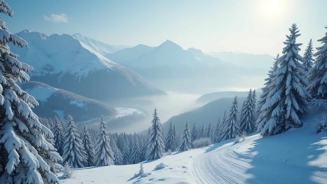 This image captures a breathtaking winter landscape, complete with snow-drenched mountains and a serene atmosphere. The scene is seen from a bird's-eye view, showcasing the first snow of the season that blankets the mountains. Light snow is gently falling, contributing to the picturesque quality of the scene. Soft light bathes the environment, enhancing the beauty of the snow-covered trees and hills. This tranquil snow scene evokes a peaceful and cinematic feeling, reminiscent of a movie setting.