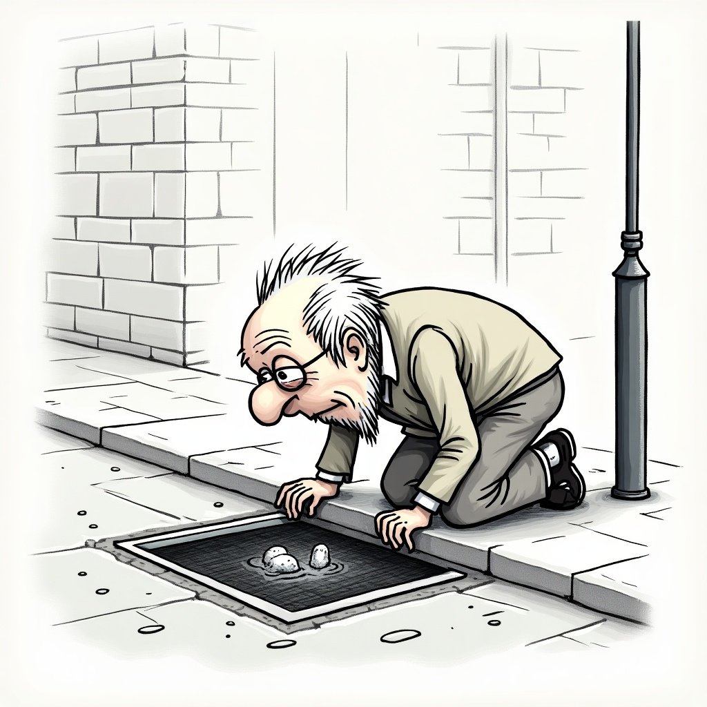 The illustration depicts a stick figure style drawing of an elderly man with exaggerated features. He is on his knees, peering curiously into a rainwater drainage grate on a public street. The man has wild, unkempt hair and large glasses, adding to the humor of the scene. The street is depicted with simple lines, hinting at a rainy day. Surrounding him are light, neutral colors, making him the focal point of the illustration.