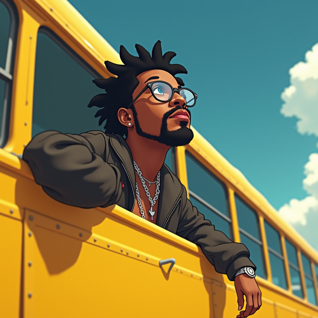 A person gazes thoughtfully out of a bright yellow school bus window into the sky.