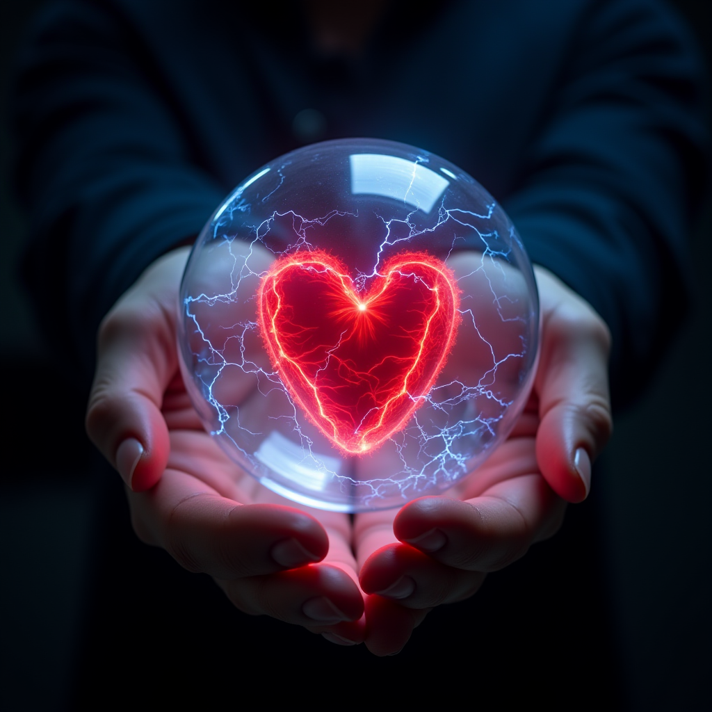 A pair of hands holding a glass orb with a glowing, electrified heart inside.