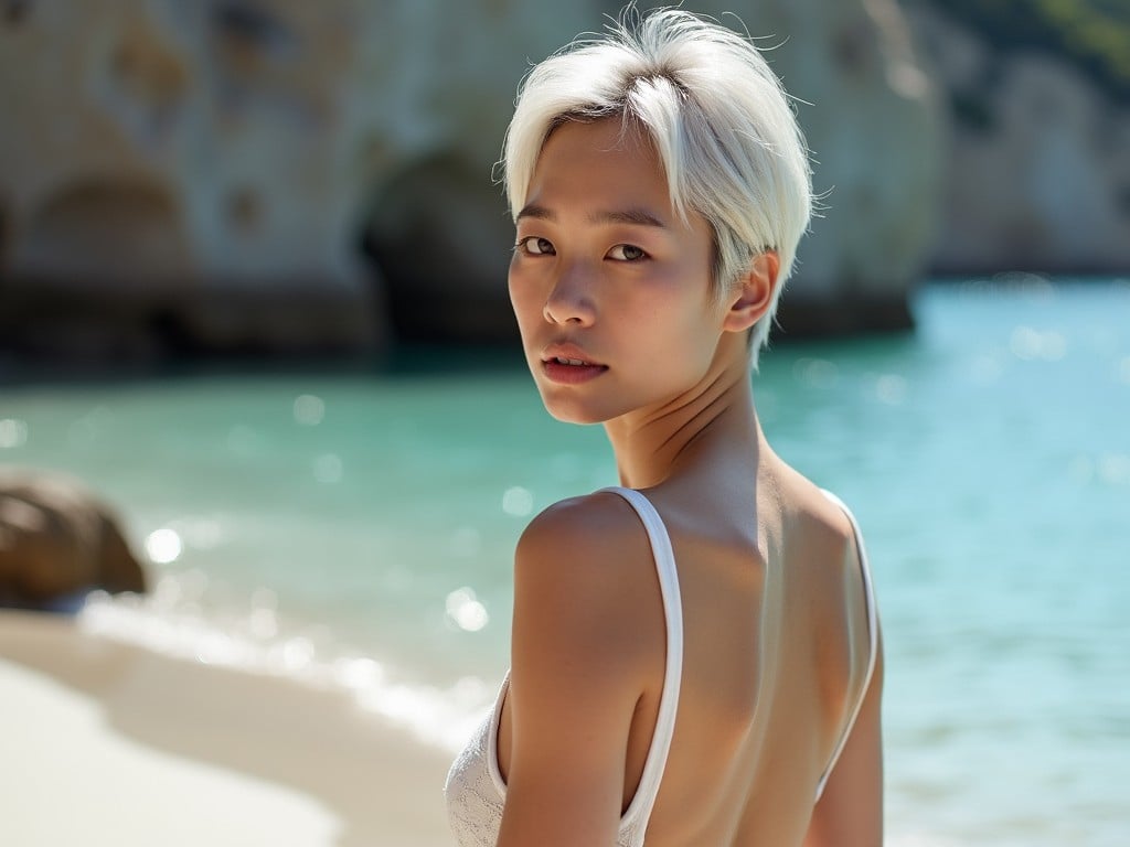 The image depicts a young model with short white hair, standing on a scenic beach. She gazes back over her shoulder, capturing a moment of contemplation. The tranquil ocean waves and soft sandy shore provide a serene backdrop. The natural sunlight highlights her features and the gentle contours of her body. This image evokes a sense of freedom and simplicity, ideal for capturing the essence of a summer day at the beach.