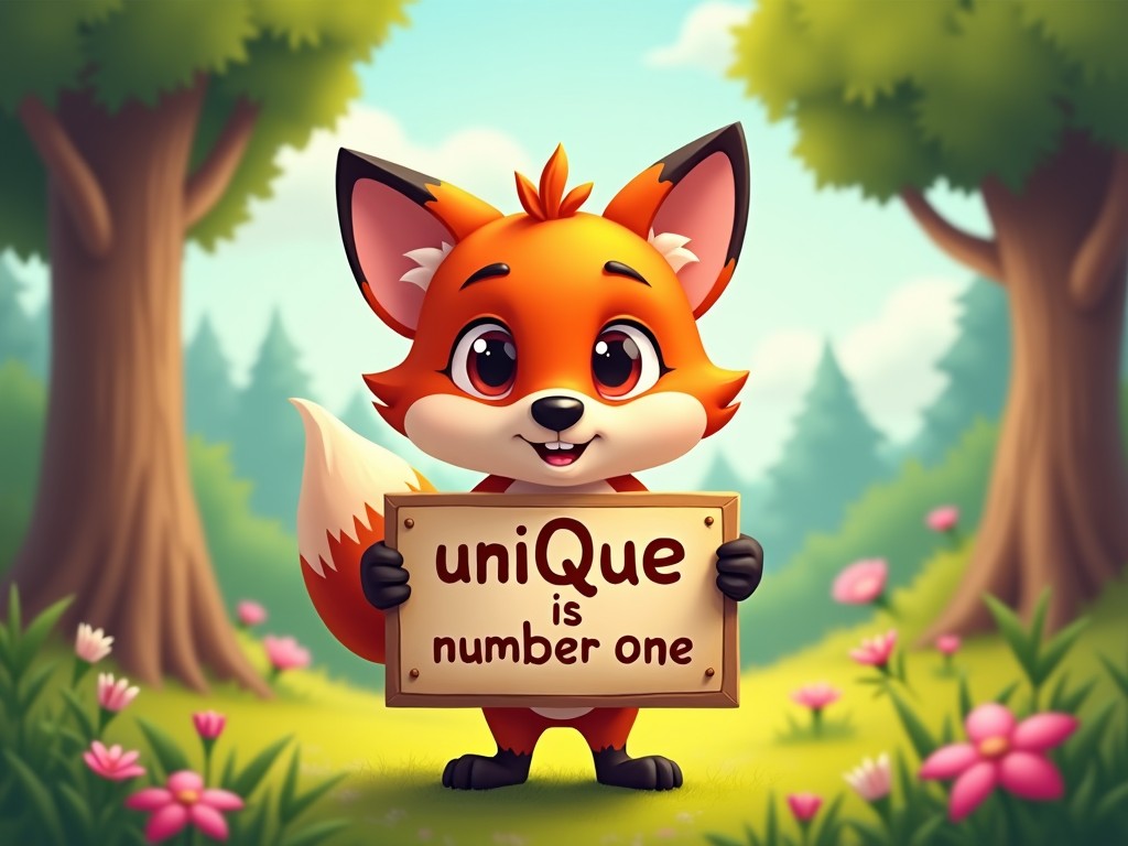 The image features a cute cartoon fox in a vibrant forest setting. The fox has a cheerful expression and is holding a sign that reads 'unique is number one.' The background includes green trees, pink flowers, and a sunny sky, creating a friendly and inviting atmosphere. The overall color palette is bright and colorful, making it appealing to children. The style is playful and whimsical, suited for children's content.