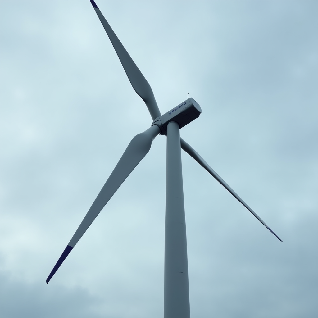 A towering wind turbine set against a cloudy sky, showcasing renewable energy technology.