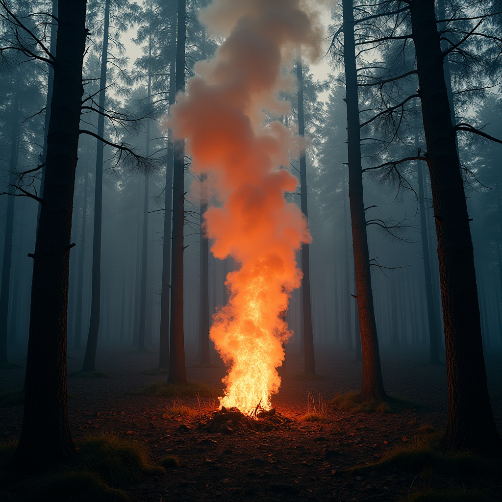 A vibrant bonfire emits swirling smoke amidst tall, shadowy trees in a misty forest setting.