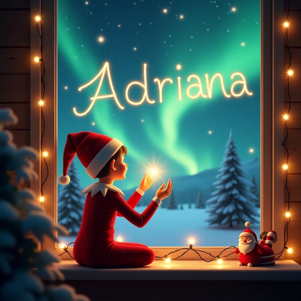 A whimsical scene depicts an elf sitting on a windowsill, dressed in a bright red outfit. This elf is magically writing the name 'Adriana' in sparkling light, creating a sense of wonder. Nearby, Santa Claus adds to the holiday charm of the scene. Outside the window, a mesmerizing sky filled with northern lights creates a beautiful backdrop. The window is adorned with soft, twinkling lights that enhance the cozy and enchanting atmosphere of the holiday season.