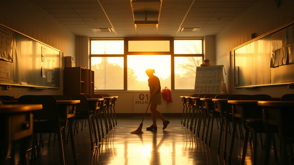 A striking image captures the silhouette of a person mopping an empty classroom, backlit by a vibrant, setting sun. The warm glow of the sunset streams through a large window, casting long shadows across the floor and creating a tranquil, reflective atmosphere. Desks are arranged neatly in rows, and educational posters adorn the walls, suggesting an end-of-day scene in a typical school room.