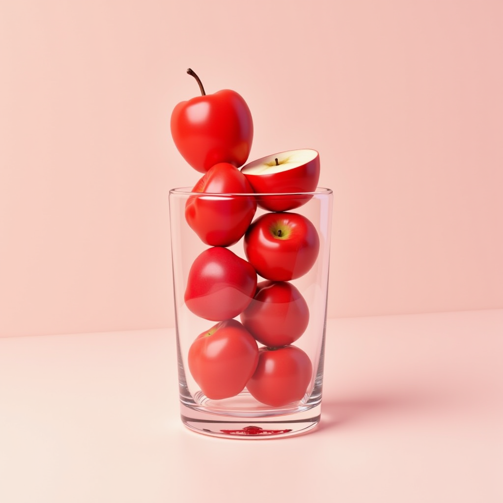 A glass filled to the brim with vibrant red apples against a pale pink background.