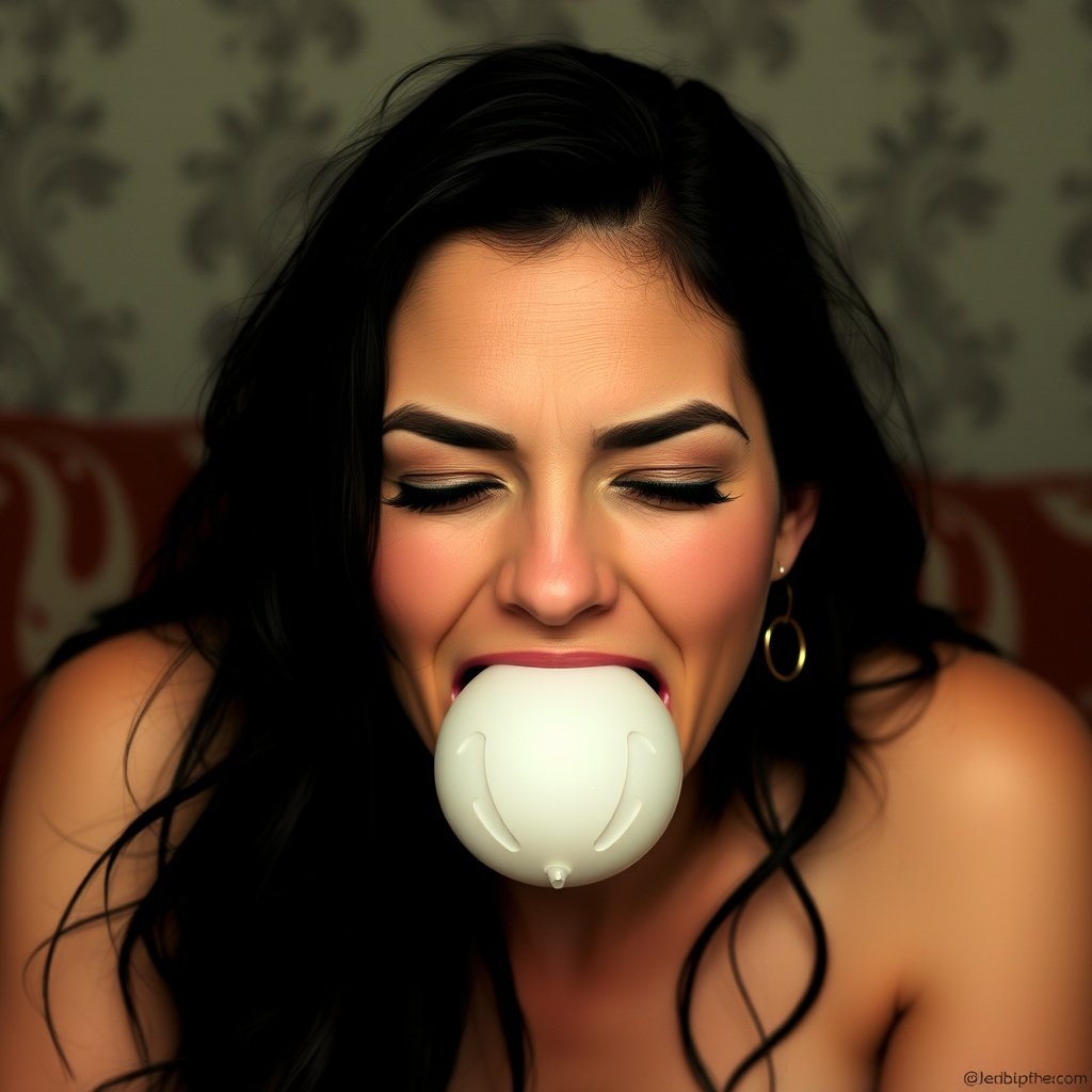 A person biting into a white balloon in a playful and mischievous manner.