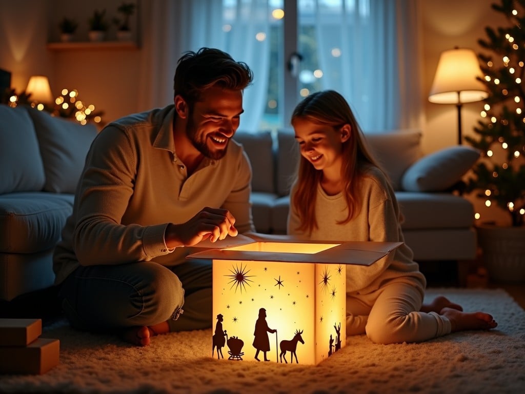 A father and daughter are joyfully sitting on the floor of a bright suburban lounge during Christmas time. They are opening a brightly lit present, their faces filled with wonder and excitement. From the open box, a warm, bright glow radiates, illuminating their delighted expressions. In the glowing light, faint images of Mary, Joseph on a donkey, a star, and a manger softly appear. The cozy room is decorated with Christmas lights, creating a festive atmosphere that enhances their shared moment.