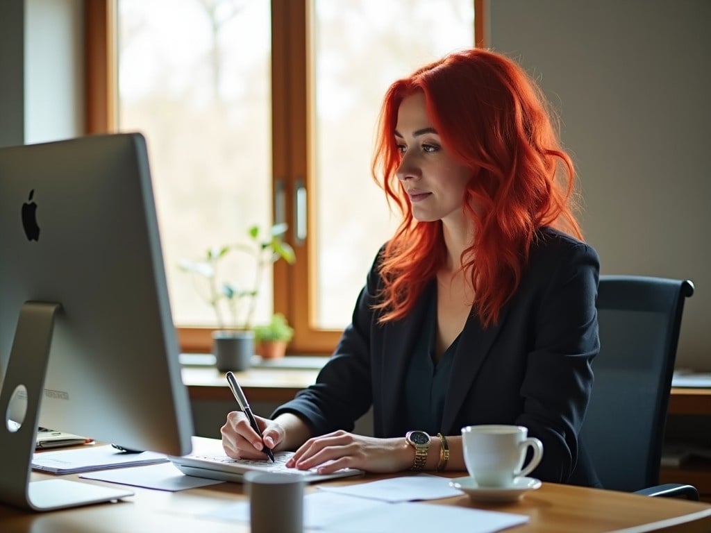 A woman with striking red hair is seated at an office desk, engrossed in her work. She is writing notes while looking at her computer screen, showcasing a focused and professional demeanor. The office space is modern, with a large window allowing natural light to illuminate the room. A small plant adorns her desk, adding a touch of greenery to the ambiance. A cup of coffee sits nearby, suggesting a comfortable work environment.