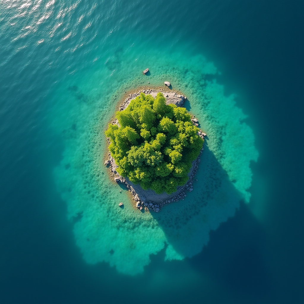 A small, lush island with vibrant green trees surrounded by clear turquoise water, casting a shadow in the deep blue sea.