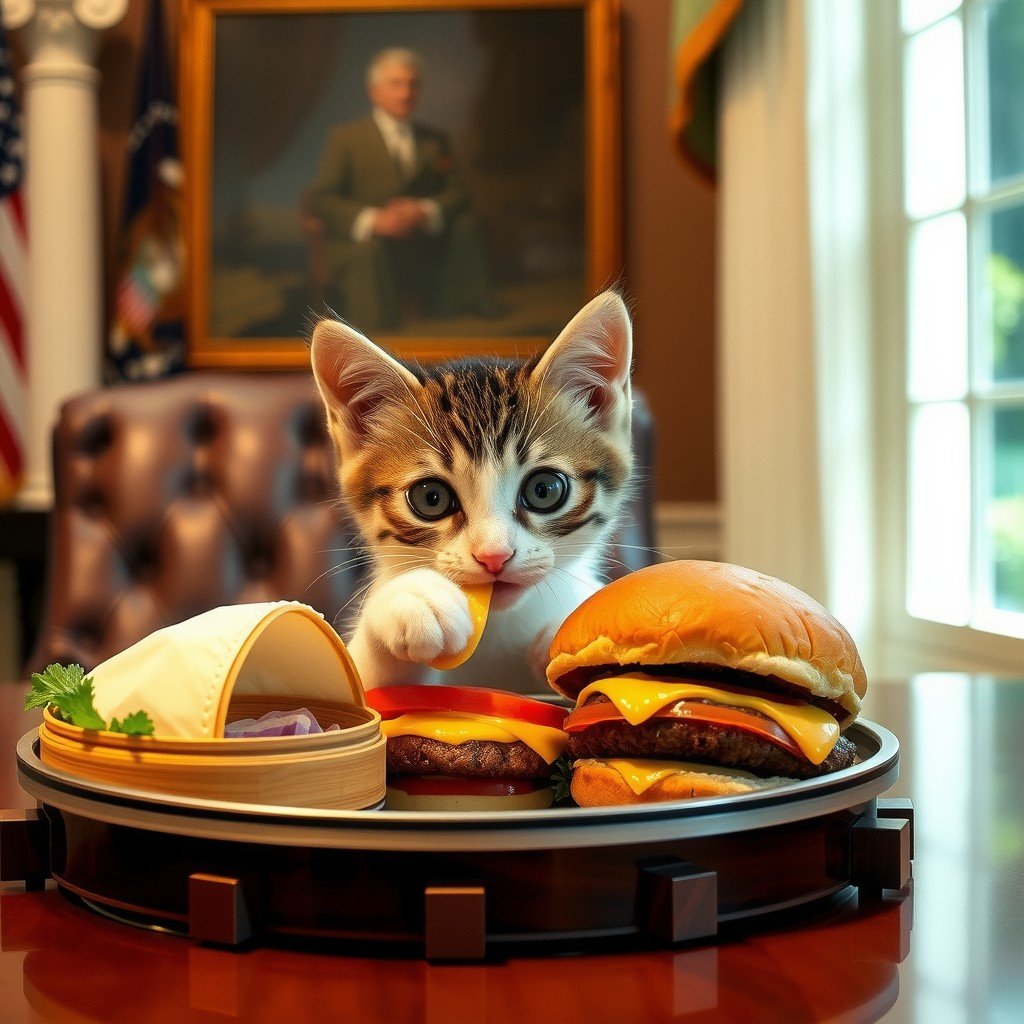 A kitten playfully interacting with food on a presidential desk.