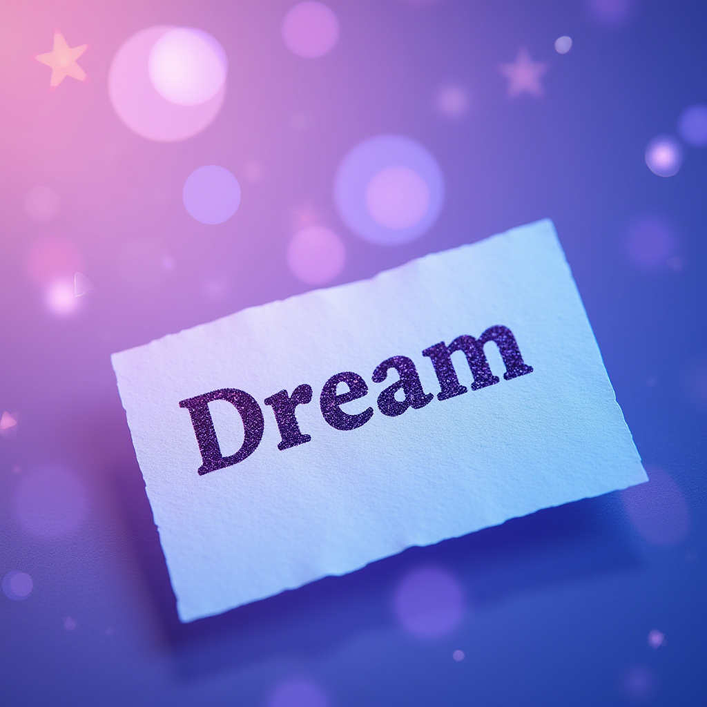 A piece of paper with the word 'Dream' is set against a dreamy, starry backdrop with a purple and pink gradient.