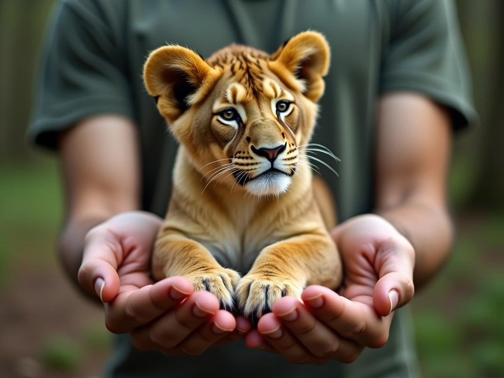 A person is gently holding a lion cub in their hands. The lion cub has a curious expression, with bright eyes and soft fur. The background is blurred, suggesting a natural setting, possibly a forest. The lighting is soft, creating a warm, inviting atmosphere. The person is wearing a simple, dark shirt, emphasizing their connection to the young animal. Overall, the image conveys tenderness and the beauty of wildlife. It raises awareness of wildlife conservation. The lion cub is a symbol of hope for animal preservation.