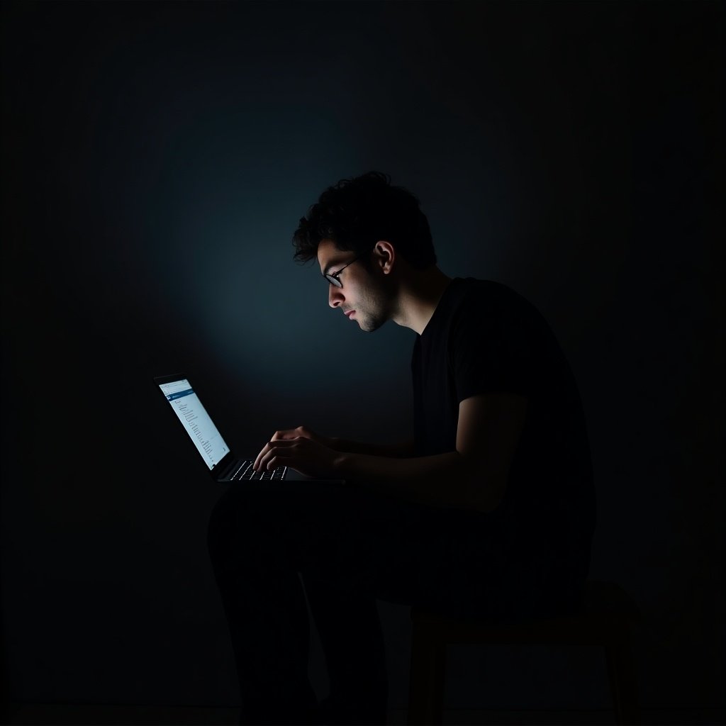 A person sits alone in a dimly lit room, deeply engrossed in coding on a laptop. The soft glow from the laptop screen illuminates the face, highlighting a look of concentration. The surrounding darkness creates a contrast that emphasizes the focus on the task at hand. The individual is seated on a stool, adding to the solitary atmosphere. This scene captures the dedication and intensity of a coder's work, showcasing a moment of productivity in a quiet environment.